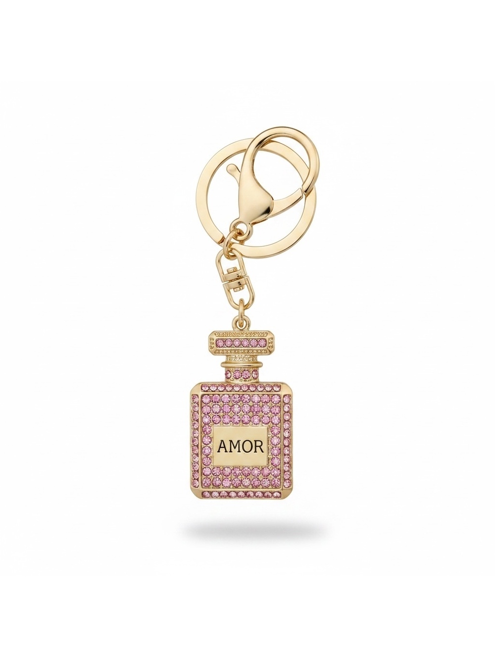 Amor pink crystal bag charm key chain gold tone with pink